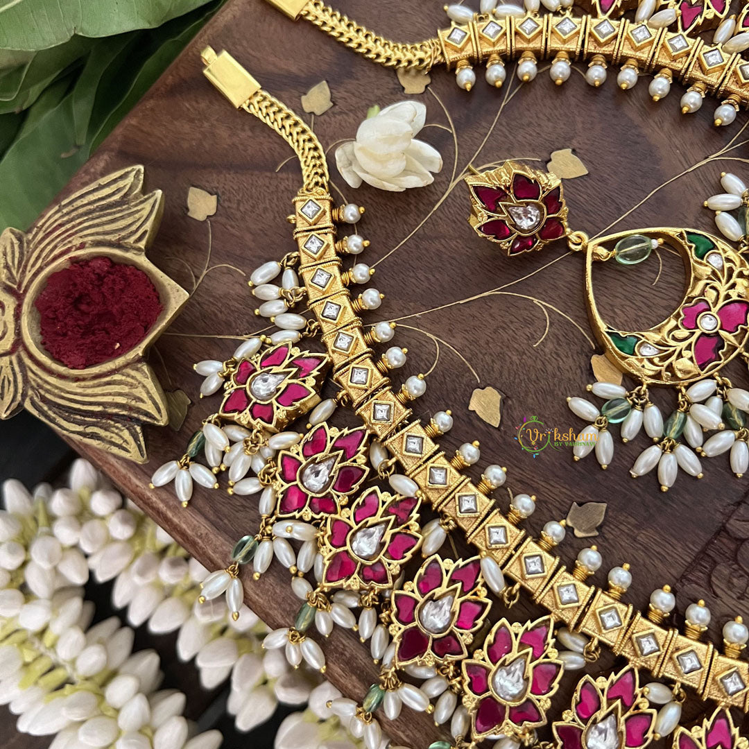 Vriksham Bridal Diva God Saraswati Pendant Style Kundan Jadau  Guttapusalu Neckpiece-Rice Pearl-J3390