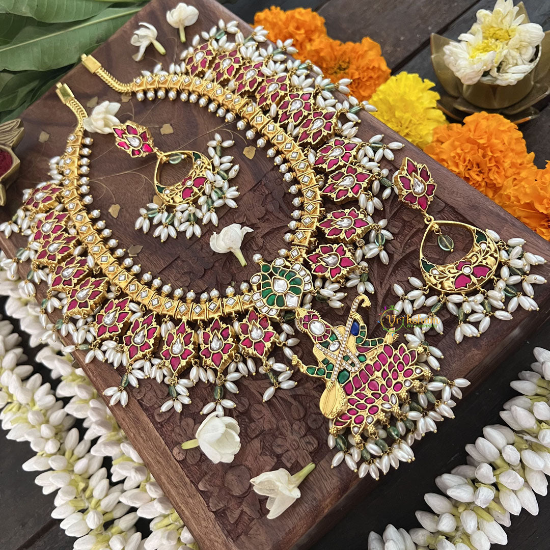 Vriksham Bridal Diva God Saraswati Pendant Style Kundan Jadau  Guttapusalu Neckpiece-Rice Pearl-J3390