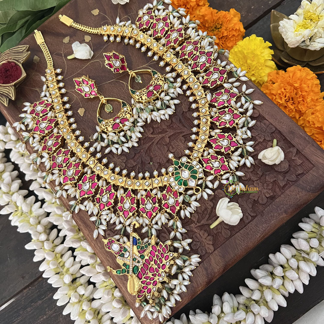 Vriksham Bridal Diva God Saraswati Pendant Style Kundan Jadau  Guttapusalu Neckpiece-Rice Pearl-J3390