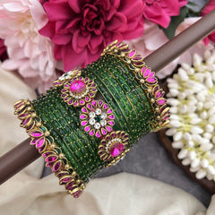Vriksham Green Glass Bangle & Pink Lotus Kundan Floral Bridal SilkThread Bangle Set-G19865