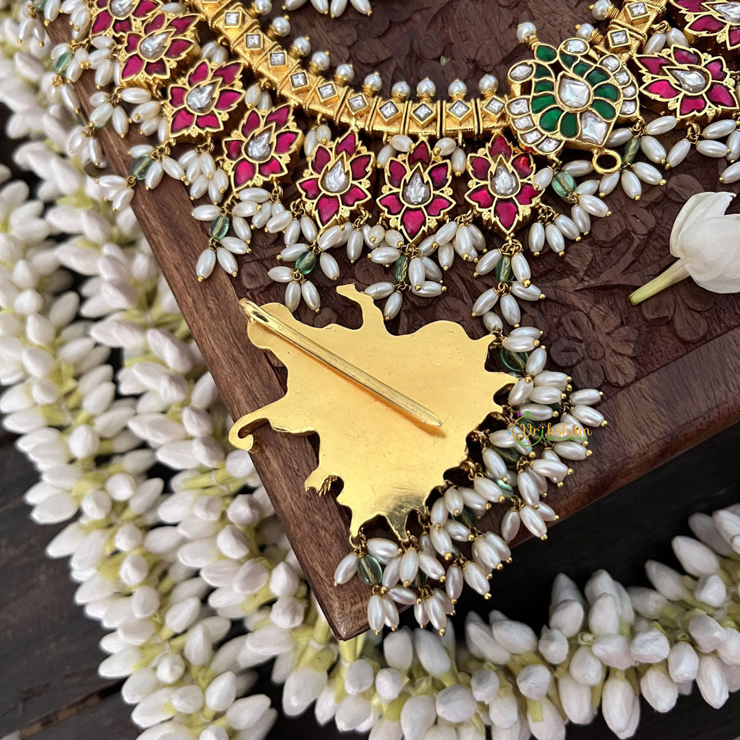 Vriksham Bridal Diva God Saraswati Pendant Style Kundan Jadau  Guttapusalu Neckpiece-Rice Pearl-J3390