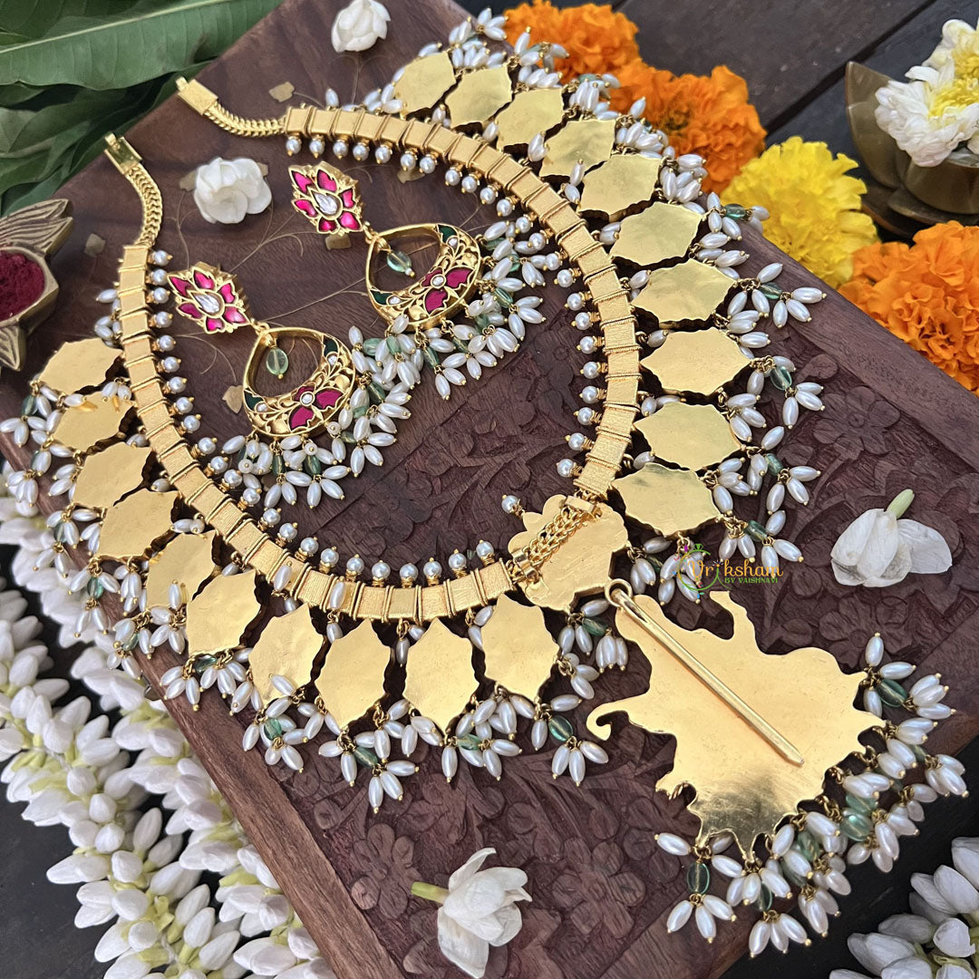 Vriksham Bridal Diva God Saraswati Pendant Style Kundan Jadau  Guttapusalu Neckpiece-Rice Pearl-J3390