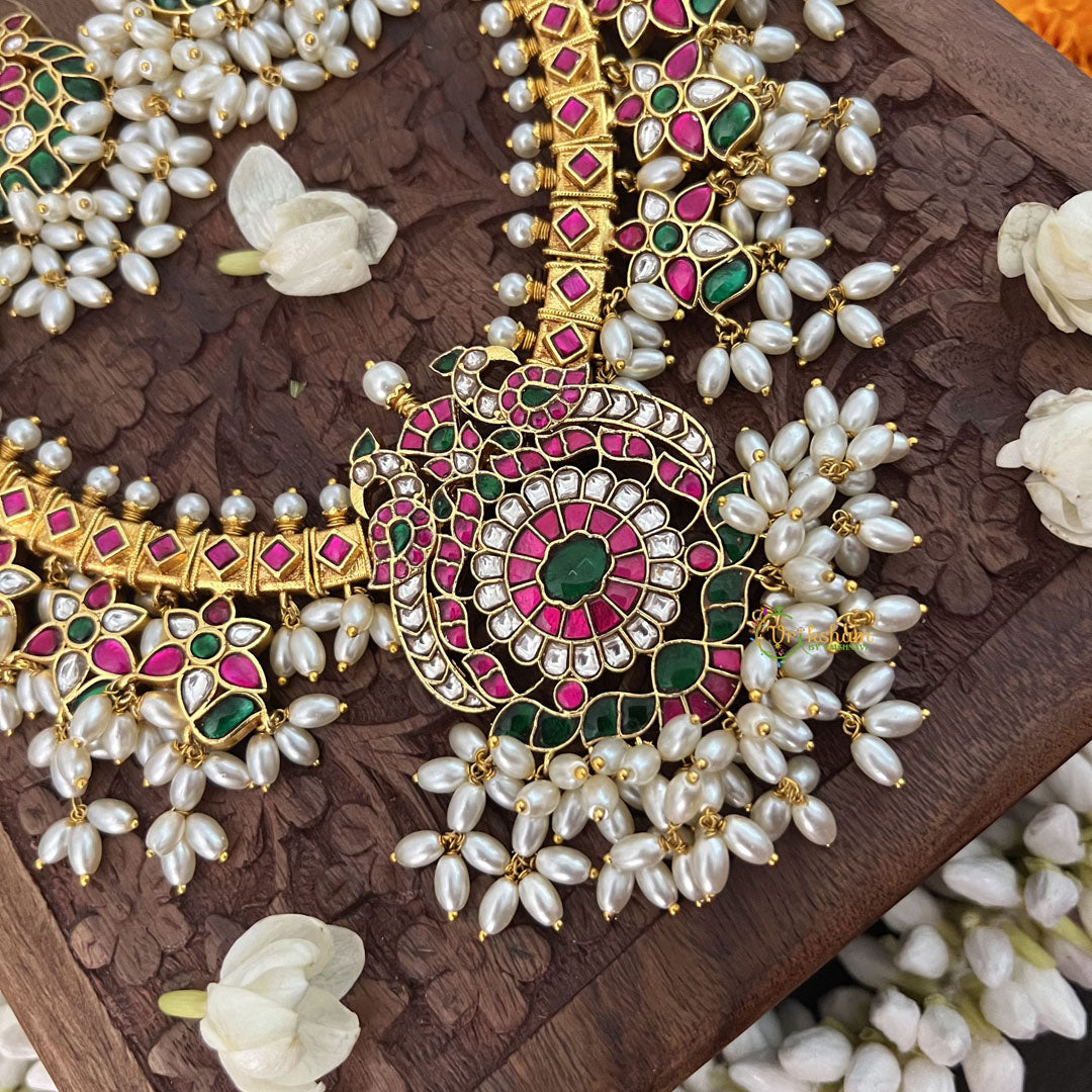 Vriksham Designer Peacock With Maanga Style Kundan Jadau Guttapusalu  Neckpiece-Rice Pearl-J3370