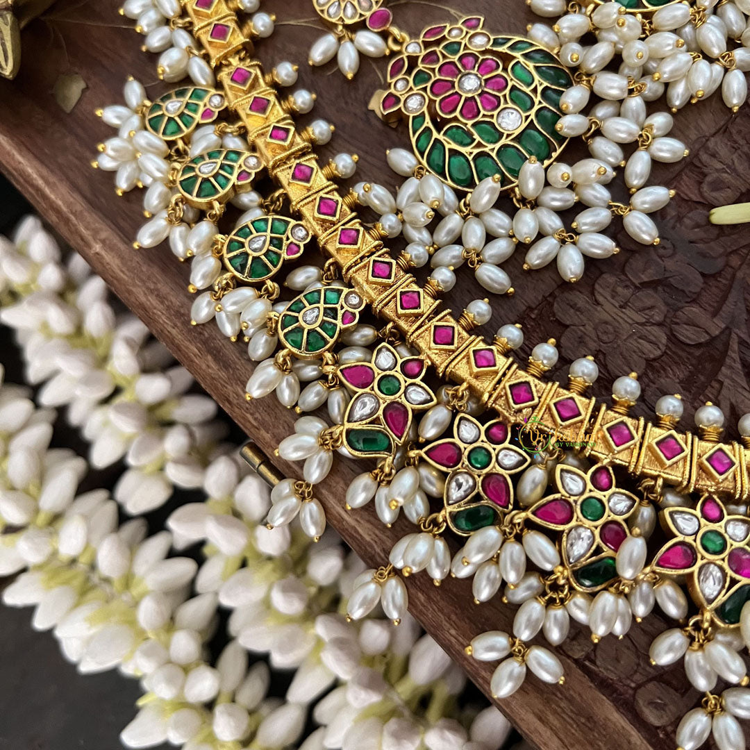 Vriksham Designer Peacock With Maanga Style Kundan Jadau Guttapusalu  Neckpiece-Rice Pearl-J3370