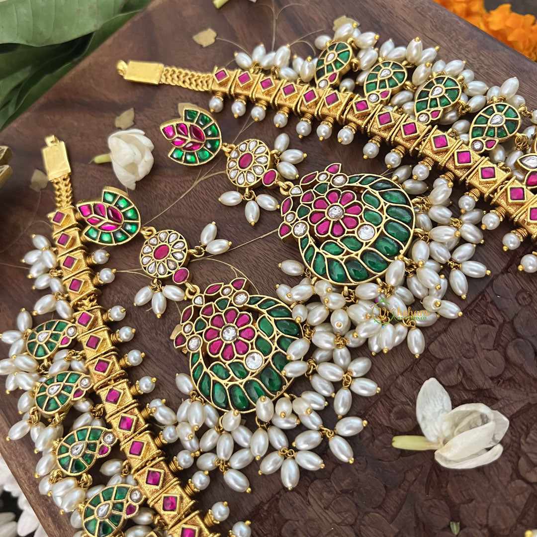 Vriksham Designer Peacock With Maanga Style Kundan Jadau Guttapusalu  Neckpiece-Rice Pearl-J3370