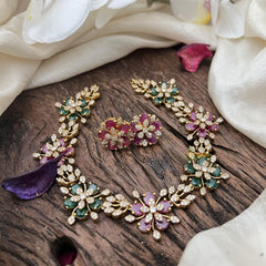 Stylish Red Green AD Stone Floral Neckpiece-G14692