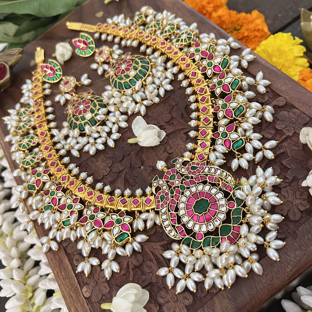 Vriksham Designer Peacock With Maanga Style Kundan Jadau Guttapusalu  Neckpiece-Rice Pearl-J3370