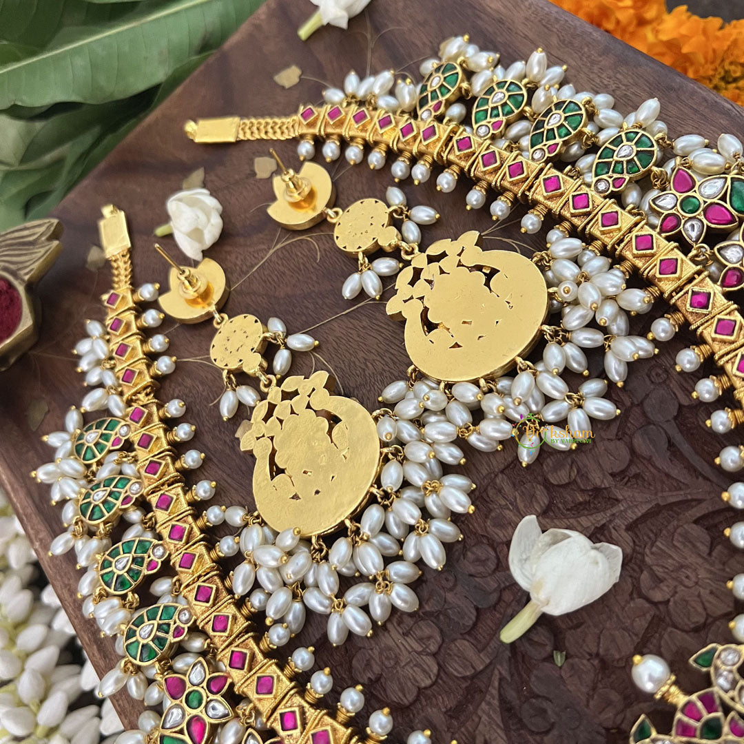 Vriksham Designer Peacock With Maanga Style Kundan Jadau Guttapusalu  Neckpiece-Rice Pearl-J3370