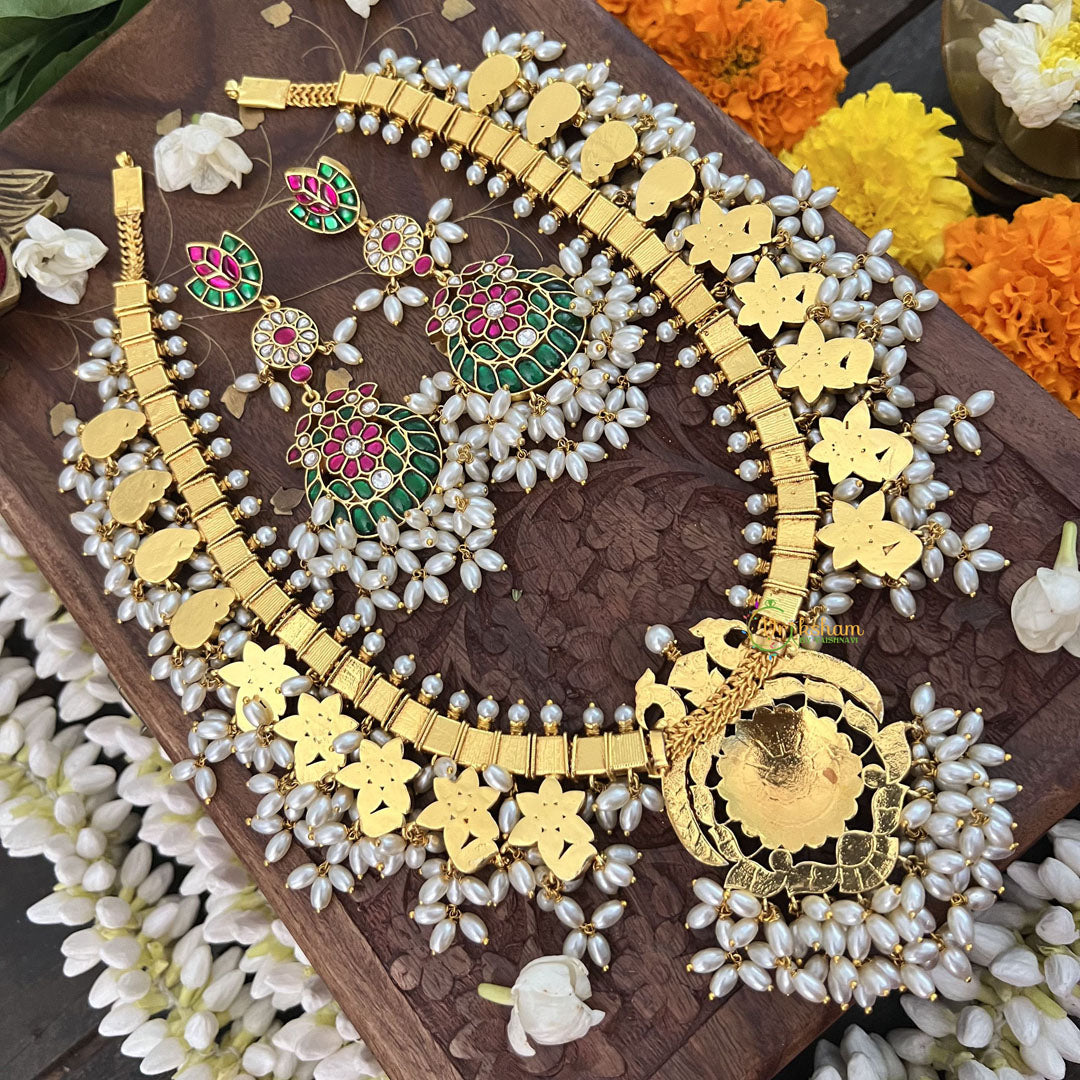 Vriksham Designer Peacock With Maanga Style Kundan Jadau Guttapusalu  Neckpiece-Rice Pearl-J3370