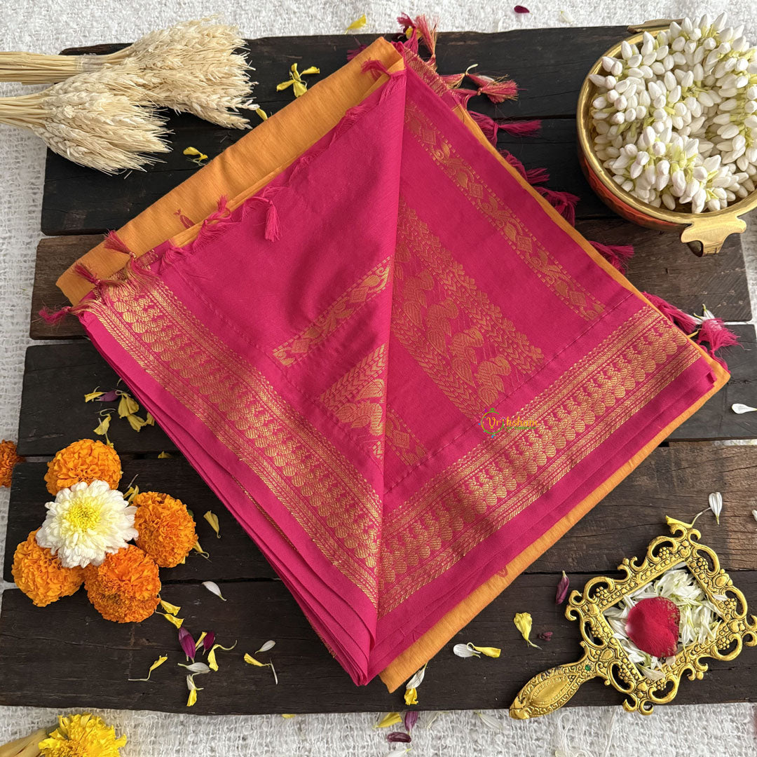 Vriksham Mango With Rani Pink Border-Kalyani Cotton Saree-VS4565