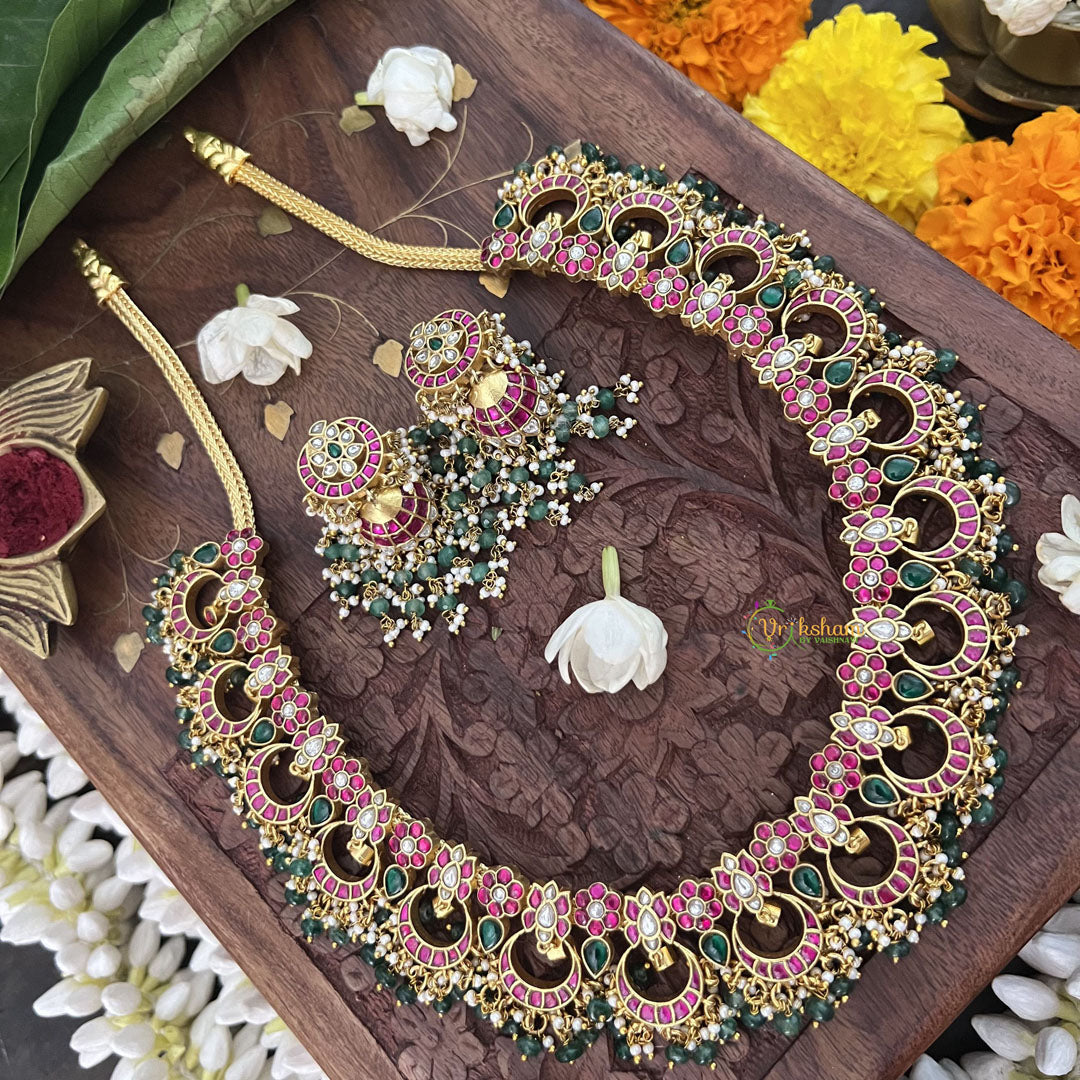 Vriksham Elegant 17 Half Moon With Floral Style Neckpiece-Green Bead-J3342