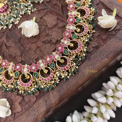 Vriksham Elegant 17 Half Moon With Floral Style Neckpiece-Green Bead-J3342
