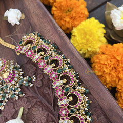 Vriksham Elegant 17 Half Moon With Floral Style Neckpiece-Green Bead-J3342