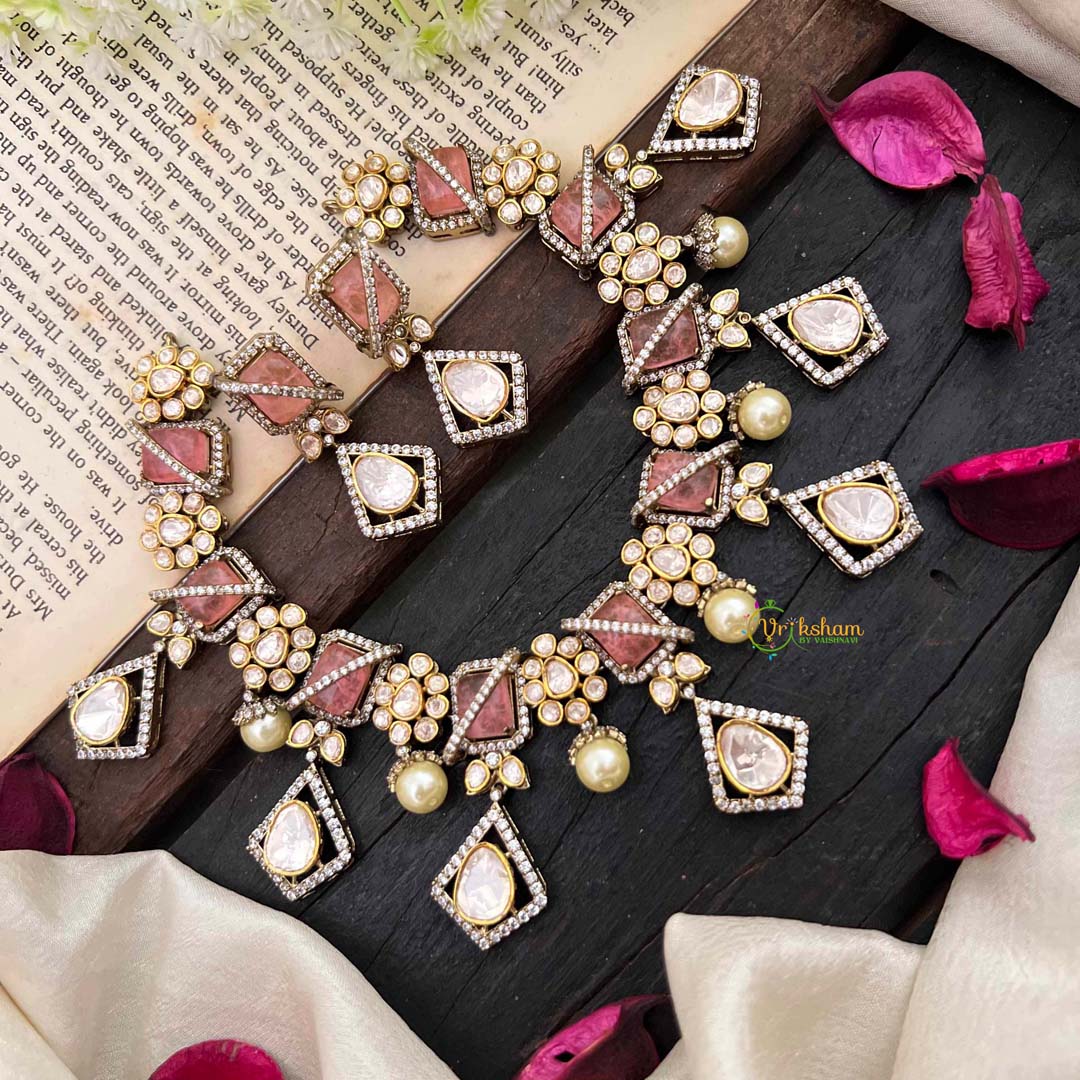 Stylish Floral Pastel Pink Victorian Diamond Neckpiece-VV1762