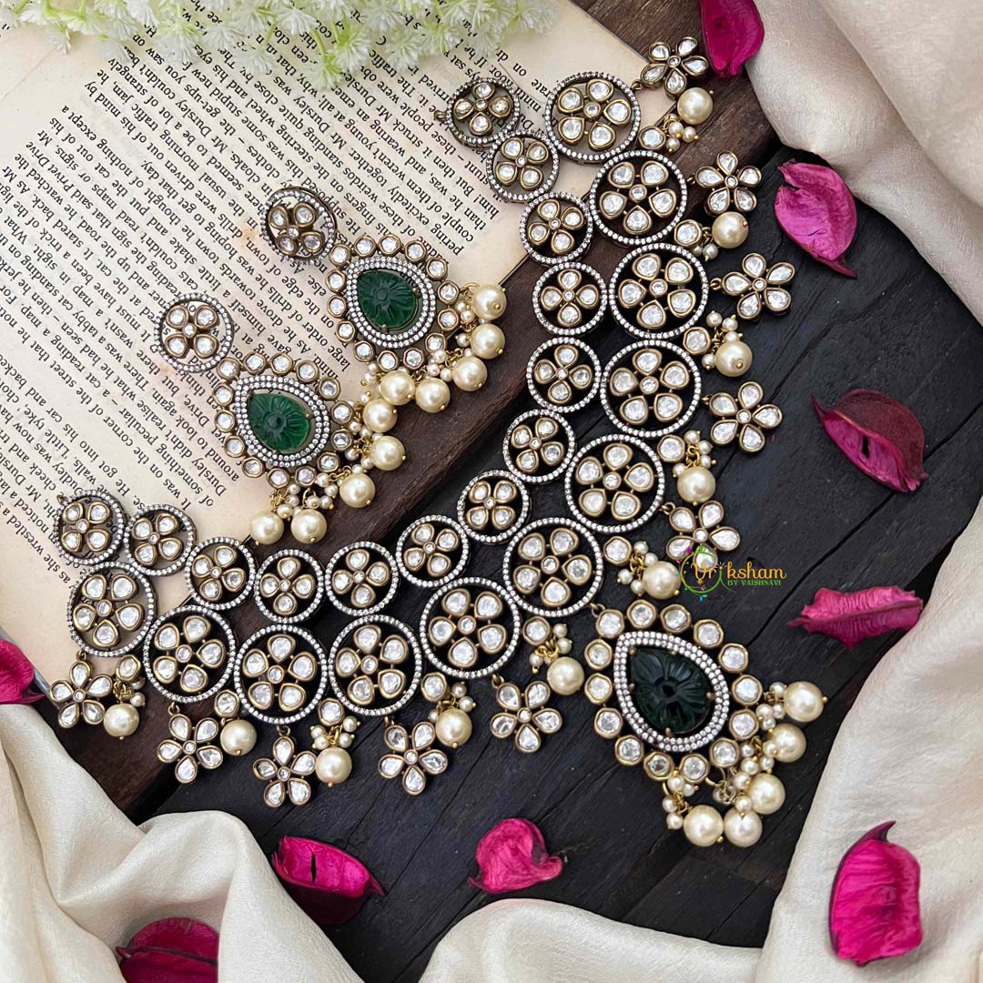 Dark Green Stone Victorian Diamond High Neck Choker-VV046