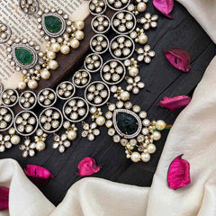 Dark Green Stone Victorian Diamond High Neck Choker-VV046