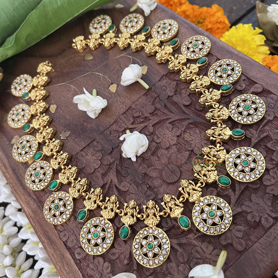 Vriksham Floral Style 15 Chakri Kundan Jadau Short Neckpiece-White Green-J3356
