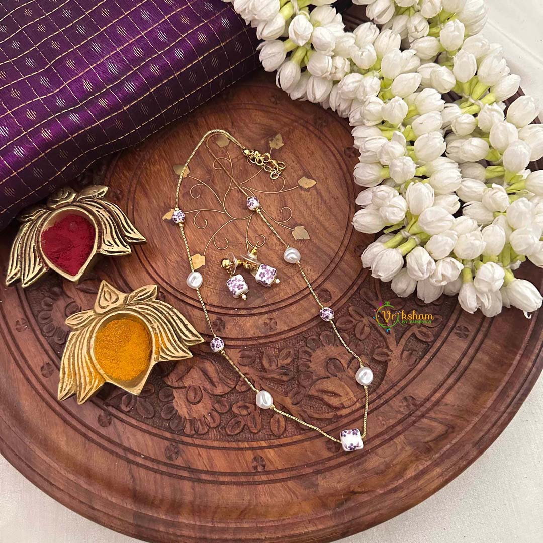 Vriksham Purple Floral Ceramic Cube And Pearl Chain Short Neckpiece-G22348