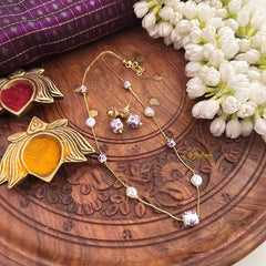 Vriksham Purple Floral Ceramic Cube And Pearl Chain Short Neckpiece-G22348