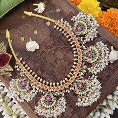 Vriksham 5 Peacock With Floral Style Short Guttapusalu Neckpiece-Rice Pearl-J3344