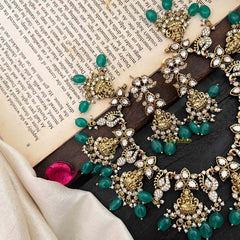 Gold Alike Lakshmi Victorian Diamond Short Neckpiece -Green Beads-VV1468