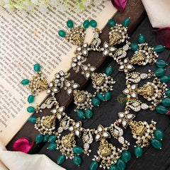 Gold Alike Lakshmi Victorian Diamond Short Neckpiece -Green Beads-VV1468