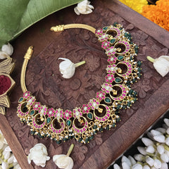 Vriksham Elegant Half Moon With Floral Style Neckpiece-Green Bead-J3341