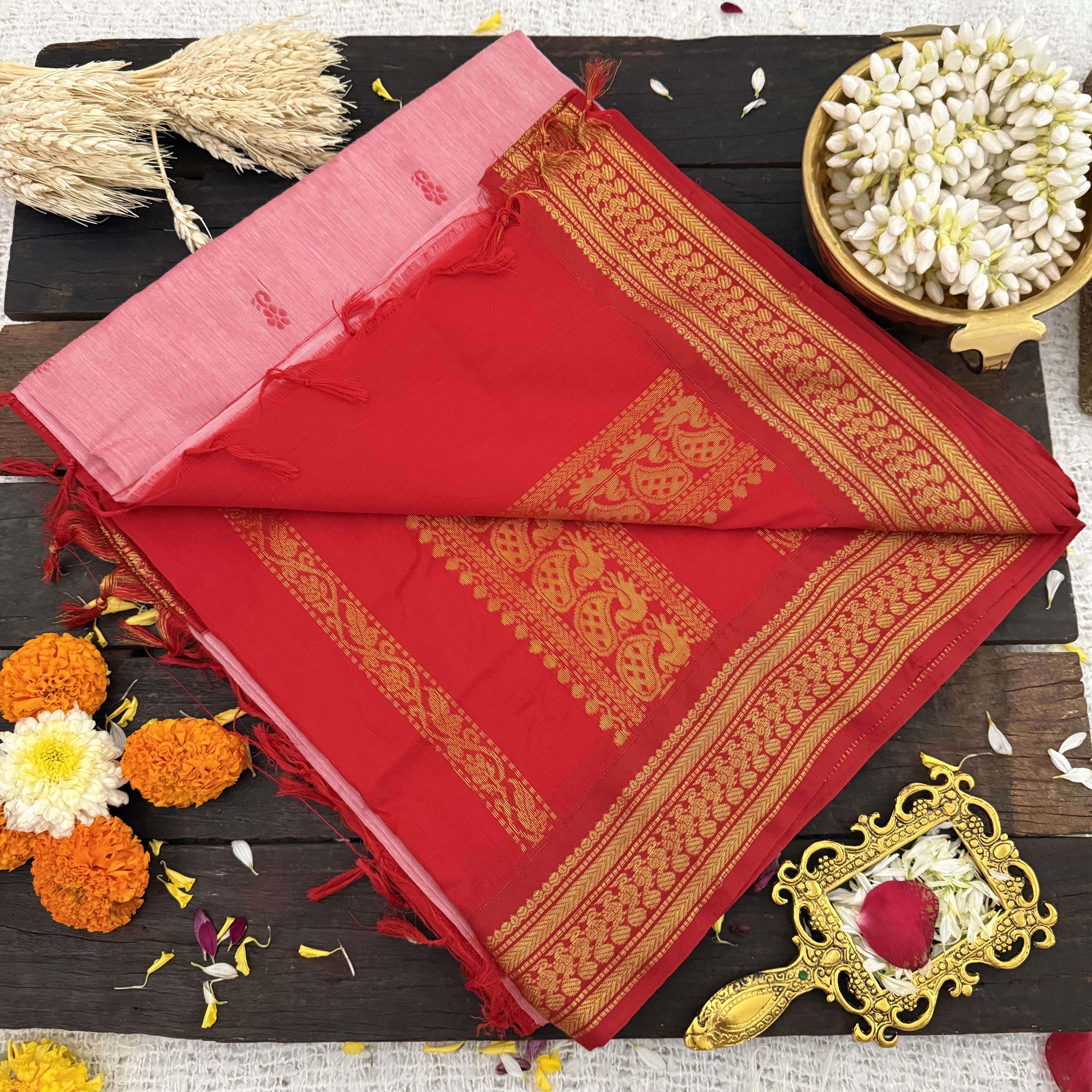 Vriksham Glossy Pink With Red Border-Kalyani Cotton Saree-VS4572