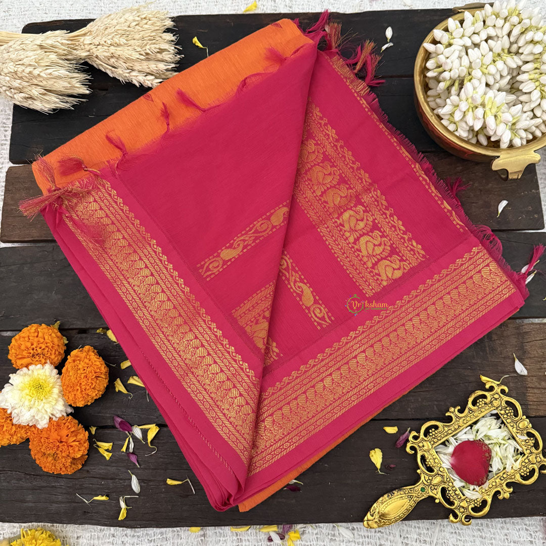 Vriksham Mango Color With Rani Pink Border-Kalyani Cotton Saree-VS4579