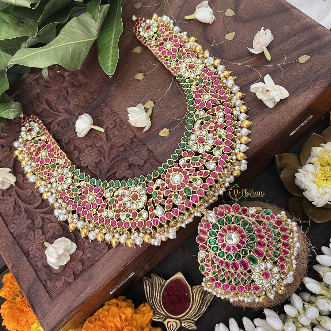 Vriksham Floral Style Pendant Peacock Kundan Jadau Short Neckpiece-Gold Bead-J3383