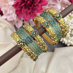 Vriksham Aqua Blue With Ganesh & Kundan Floral Style Silk Thread Bangle Set-G19875