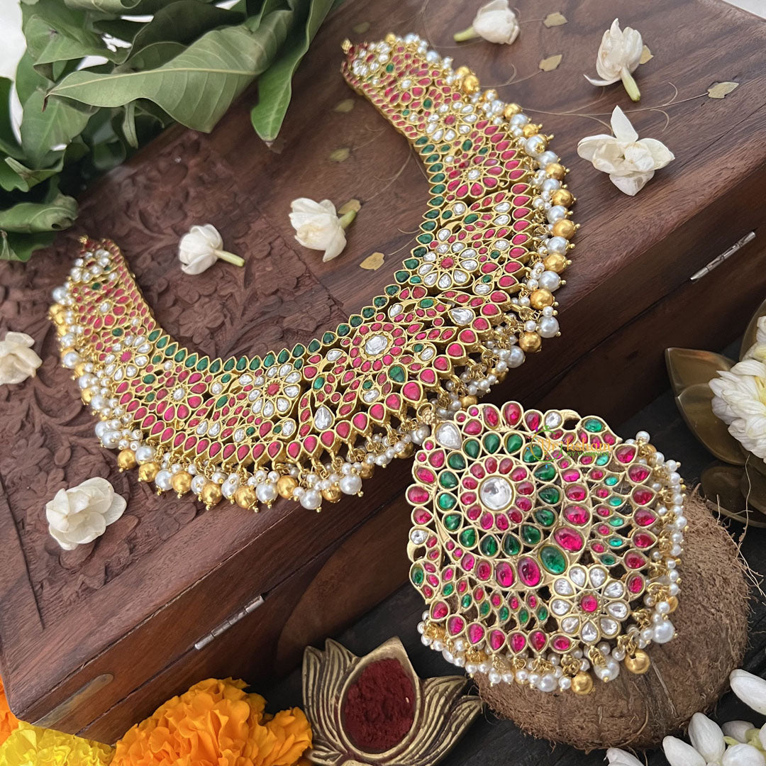 Vriksham Floral Style Pendant Peacock Kundan Jadau Short Neckpiece-Gold Bead-J3383
