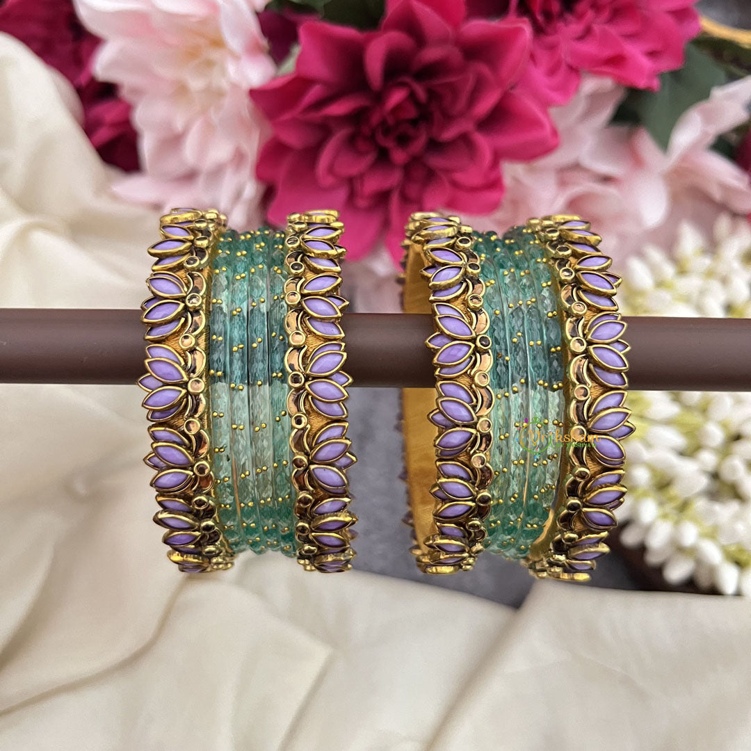 Vriksham Aqua Blue With Lotus & Kundan Floral Style Silk Thread Bangle Set-G19876