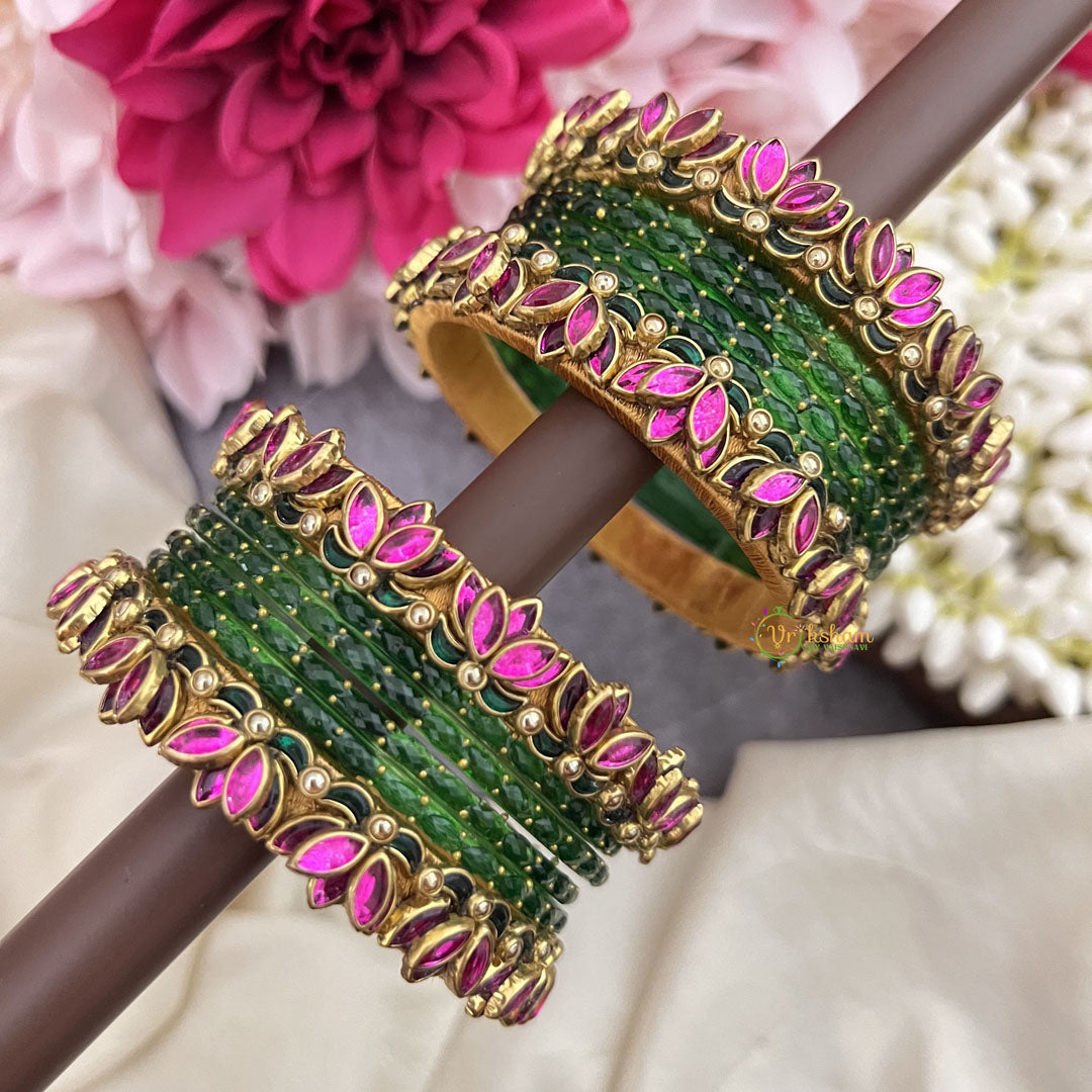 Vriksham Green With  Pink Lotus & Kundan Floral Style Silk Thread Bangle Set-G19877