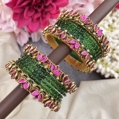 Vriksham Green With  Pink Lotus & Kundan Floral Style Silk Thread Bangle Set-G19877