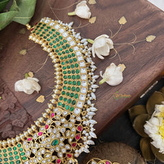 Vriksham Green Dot With Floral Pendant Style Short Neckpiece-Rice Pearl-J3345