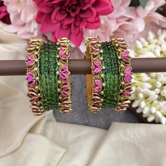 Vriksham Green With  Pink Lotus & Kundan Floral Style Silk Thread Bangle Set-G19877