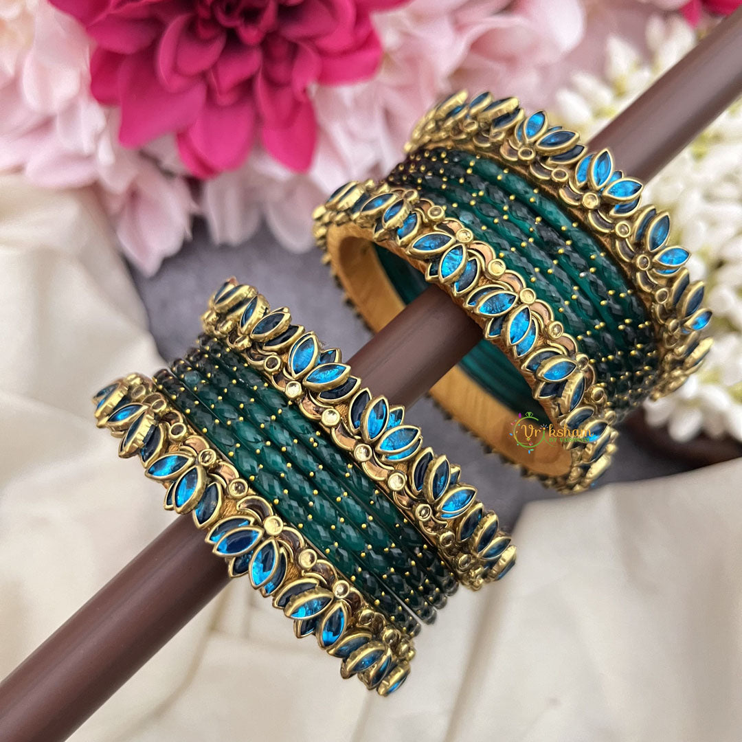 Vriksham Royal Peacock Blue With Blue Lotus & Kundan Floral Style Silk Thread Bangle Set-G19878