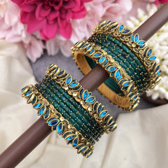 Vriksham Royal Peacock Blue With Blue Lotus & Kundan Floral Style Silk Thread Bangle Set-G19878