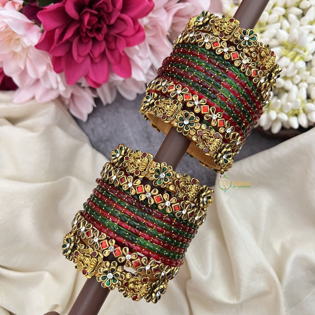 Vriksham Red Green With Lakshmi & Kundan Floral Style Silk Thread Bangle Set-G19880