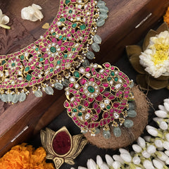 Vriksham Elegant Pendant Floral Style Neckpiece-Aqua Green Bead-J3340