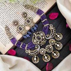 Royal Multilayer Victorian Diamond Pendant Choker-Purple Beads-VV1589