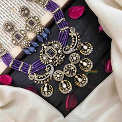 Royal Multilayer Victorian Diamond Pendant Choker-Purple Beads-VV1589