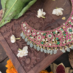 Vriksham Elegant Pendant Floral Style Neckpiece-Aqua Green Bead-J3340