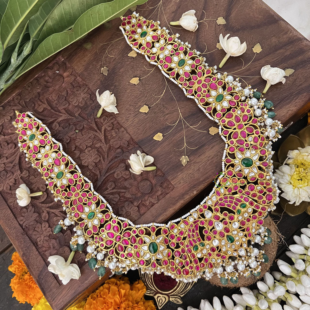 Vriksham Floral Style Kundan Jadau Short Neckpiece-Aqua Green Bead-J3381