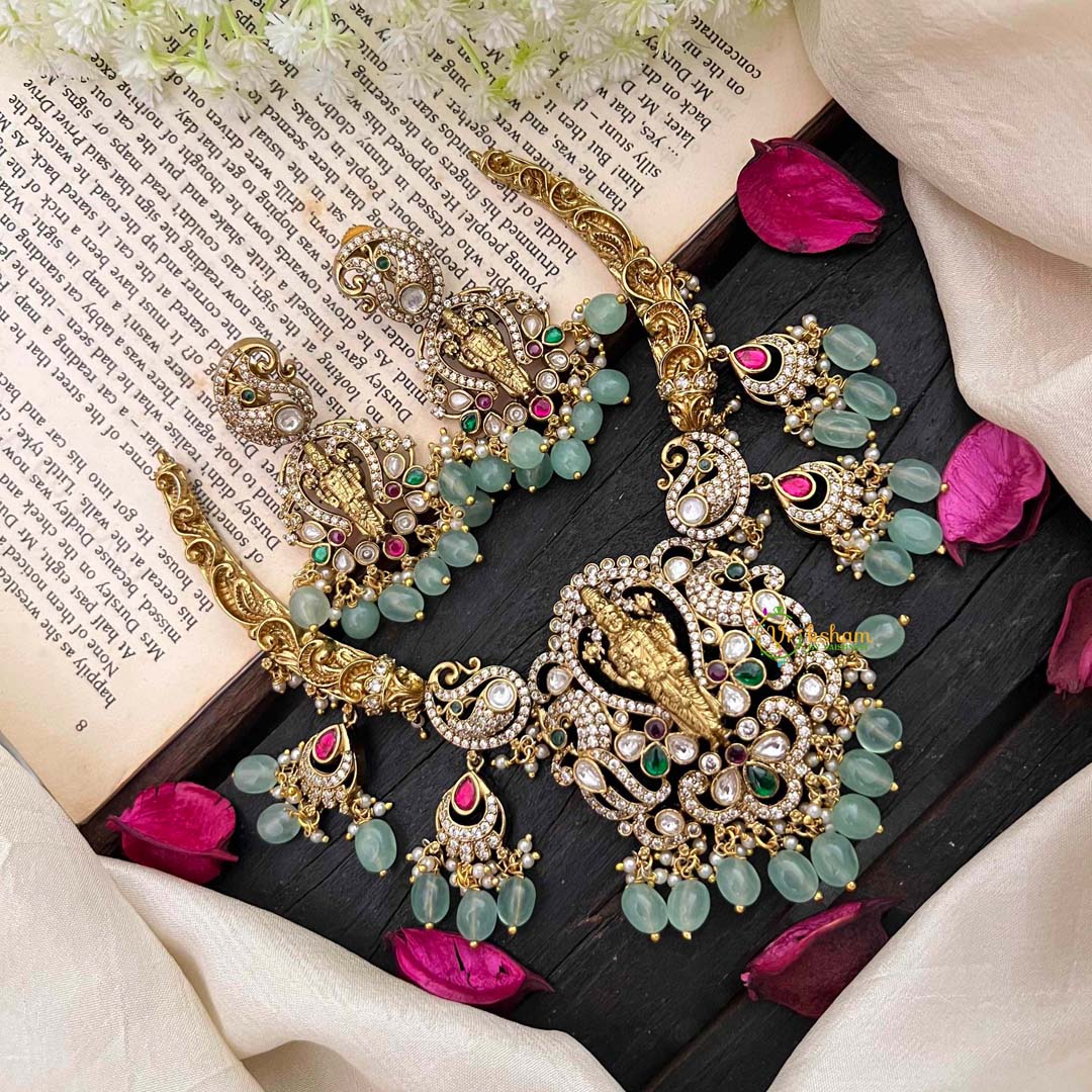 Pastel Green Bead Victorian Diamond Temple Neckpiece-Maha Vishnu -VV066