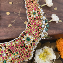 Vriksham Floral Style Kundan Jadau Short Neckpiece-Aqua Green Bead-J3381