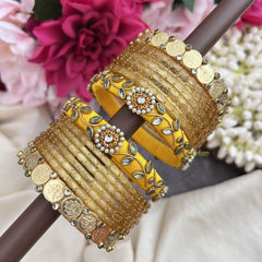 Vriksham Yellow With Lakshmi Coin & Kundan Leaf Style Silk Thread Bangle Set-G19881