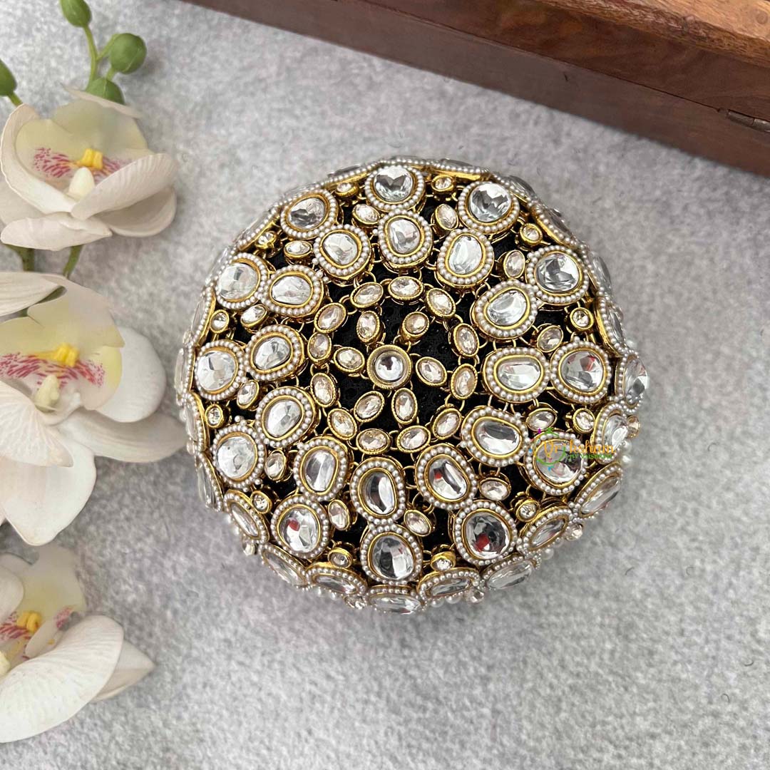 Vriksham Gold-Tone Polki Potli Bag with White Stone Inlay Style With Hair Bun Cage Accessory-H1298