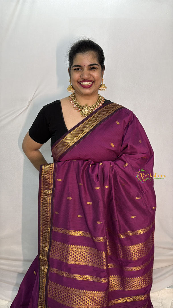 Vriksham Purple With Maroon Double Golden Border-Kalyani Cotton Saree-VS4571